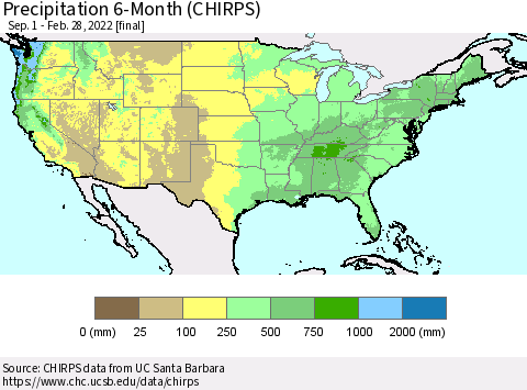 United States Precipitation 6-Month (CHIRPS) Thematic Map For 9/1/2021 - 2/28/2022