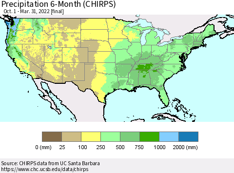 United States Precipitation 6-Month (CHIRPS) Thematic Map For 10/1/2021 - 3/31/2022