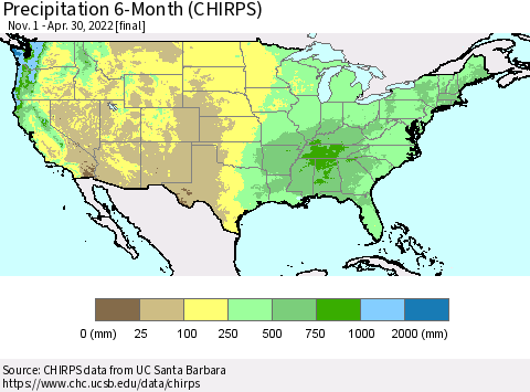 United States Precipitation 6-Month (CHIRPS) Thematic Map For 11/1/2021 - 4/30/2022
