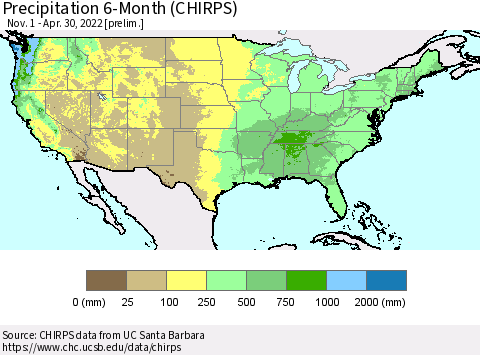 United States Precipitation 6-Month (CHIRPS) Thematic Map For 11/1/2021 - 4/30/2022