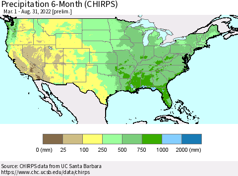 United States Precipitation 6-Month (CHIRPS) Thematic Map For 3/1/2022 - 8/31/2022
