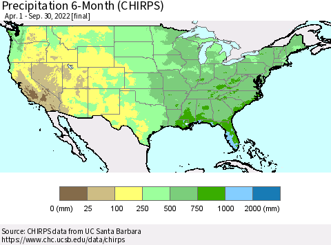 United States Precipitation 6-Month (CHIRPS) Thematic Map For 4/1/2022 - 9/30/2022
