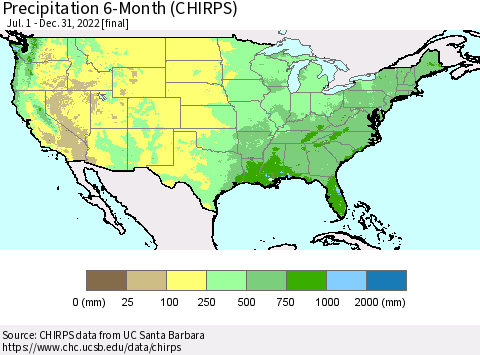 United States Precipitation 6-Month (CHIRPS) Thematic Map For 7/1/2022 - 12/31/2022