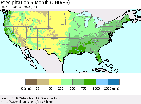 United States Precipitation 6-Month (CHIRPS) Thematic Map For 8/1/2022 - 1/31/2023