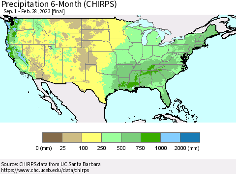 United States Precipitation 6-Month (CHIRPS) Thematic Map For 9/1/2022 - 2/28/2023