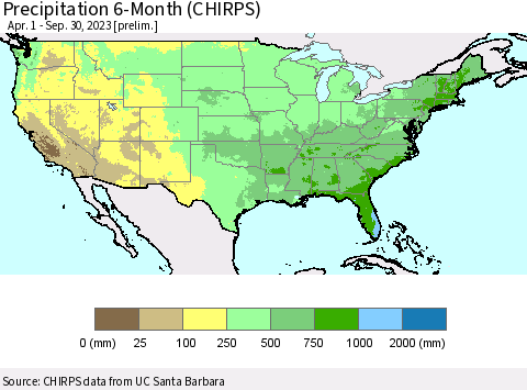 United States Precipitation 6-Month (CHIRPS) Thematic Map For 4/1/2023 - 9/30/2023