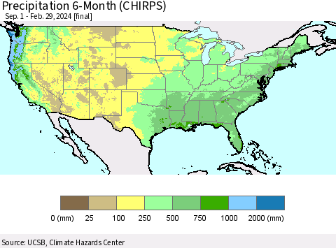 United States Precipitation 6-Month (CHIRPS) Thematic Map For 9/1/2023 - 2/29/2024