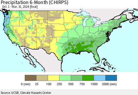 United States Precipitation 6-Month (CHIRPS) Thematic Map For 10/1/2023 - 3/31/2024