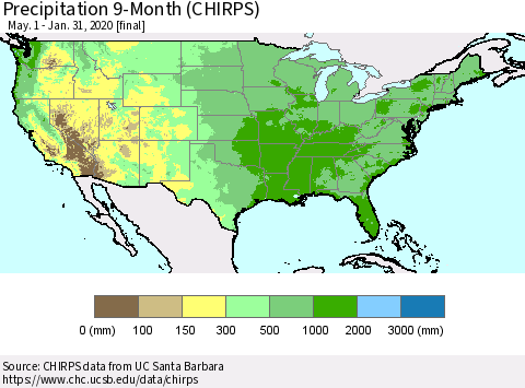 United States Precipitation 9-Month (CHIRPS) Thematic Map For 5/1/2019 - 1/31/2020