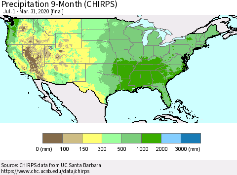 United States Precipitation 9-Month (CHIRPS) Thematic Map For 7/1/2019 - 3/31/2020