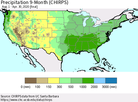 United States Precipitation 9-Month (CHIRPS) Thematic Map For 8/1/2019 - 4/30/2020