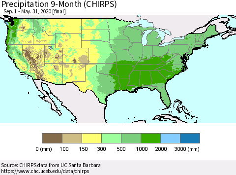 United States Precipitation 9-Month (CHIRPS) Thematic Map For 9/1/2019 - 5/31/2020