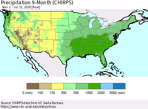 United States Precipitation 9-Month (CHIRPS) Thematic Map For 11/1/2019 - 7/31/2020