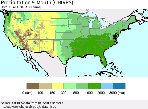 United States Precipitation 9-Month (CHIRPS) Thematic Map For 12/1/2019 - 8/31/2020