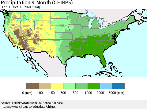 United States Precipitation 9-Month (CHIRPS) Thematic Map For 2/1/2020 - 10/31/2020