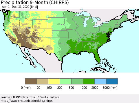 United States Precipitation 9-Month (CHIRPS) Thematic Map For 4/1/2020 - 12/31/2020