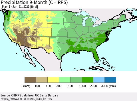 United States Precipitation 9-Month (CHIRPS) Thematic Map For 5/1/2020 - 1/31/2021