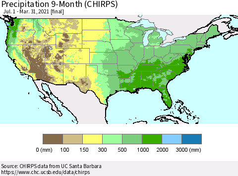 United States Precipitation 9-Month (CHIRPS) Thematic Map For 7/1/2020 - 3/31/2021