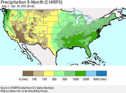 United States Precipitation 9-Month (CHIRPS) Thematic Map For 8/1/2020 - 4/30/2021