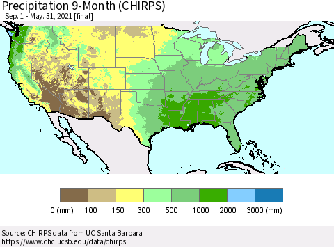United States Precipitation 9-Month (CHIRPS) Thematic Map For 9/1/2020 - 5/31/2021