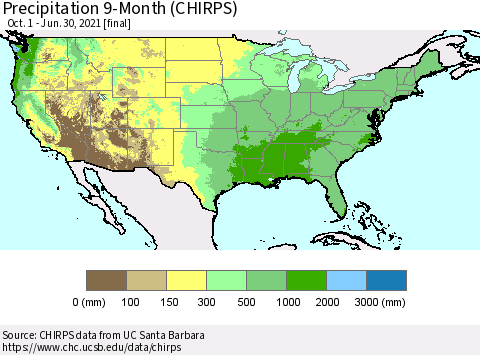 United States Precipitation 9-Month (CHIRPS) Thematic Map For 10/1/2020 - 6/30/2021