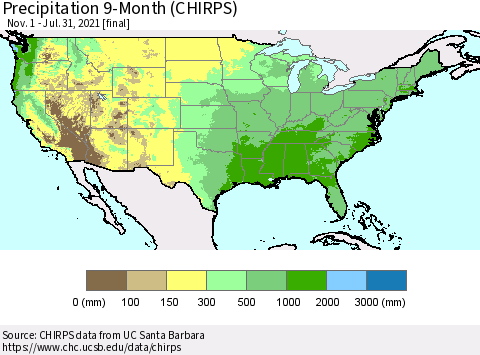 United States Precipitation 9-Month (CHIRPS) Thematic Map For 11/1/2020 - 7/31/2021