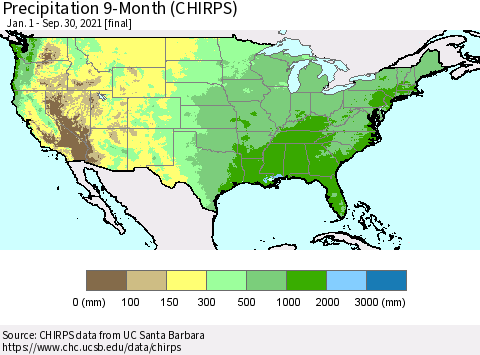 United States Precipitation 9-Month (CHIRPS) Thematic Map For 1/1/2021 - 9/30/2021
