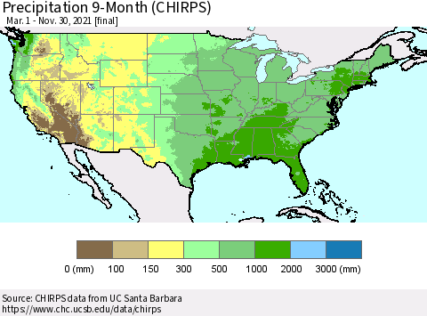 United States Precipitation 9-Month (CHIRPS) Thematic Map For 3/1/2021 - 11/30/2021