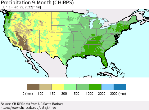 United States Precipitation 9-Month (CHIRPS) Thematic Map For 6/1/2021 - 2/28/2022