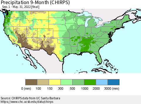 United States Precipitation 9-Month (CHIRPS) Thematic Map For 9/1/2021 - 5/31/2022