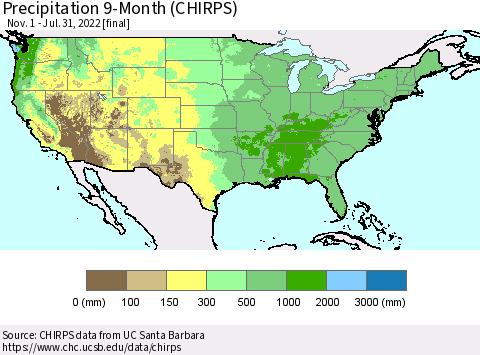United States Precipitation 9-Month (CHIRPS) Thematic Map For 11/1/2021 - 7/31/2022