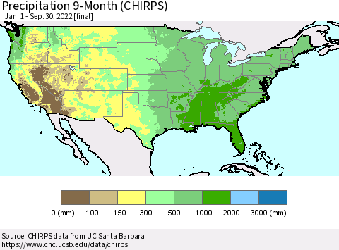 United States Precipitation 9-Month (CHIRPS) Thematic Map For 1/1/2022 - 9/30/2022