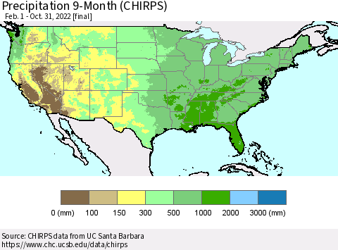 United States Precipitation 9-Month (CHIRPS) Thematic Map For 2/1/2022 - 10/31/2022
