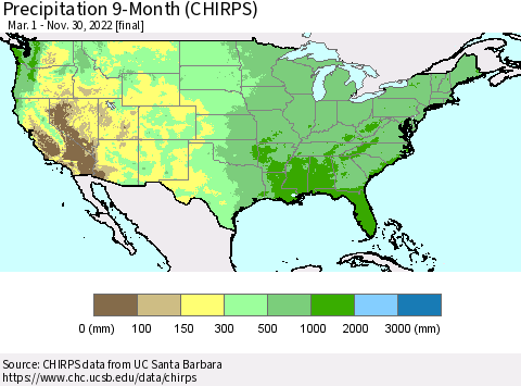 United States Precipitation 9-Month (CHIRPS) Thematic Map For 3/1/2022 - 11/30/2022