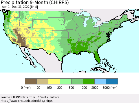 United States Precipitation 9-Month (CHIRPS) Thematic Map For 4/1/2022 - 12/31/2022