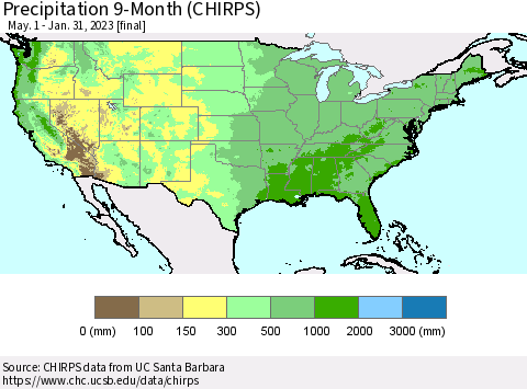 United States Precipitation 9-Month (CHIRPS) Thematic Map For 5/1/2022 - 1/31/2023