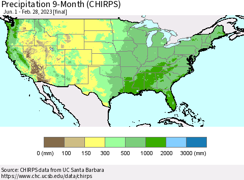 United States Precipitation 9-Month (CHIRPS) Thematic Map For 6/1/2022 - 2/28/2023