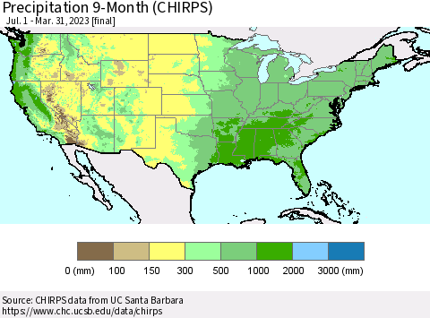 United States Precipitation 9-Month (CHIRPS) Thematic Map For 7/1/2022 - 3/31/2023