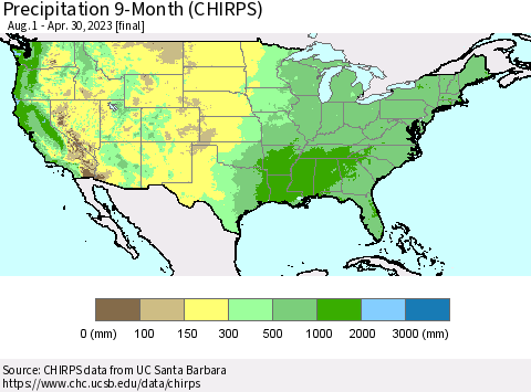 United States Precipitation 9-Month (CHIRPS) Thematic Map For 8/1/2022 - 4/30/2023