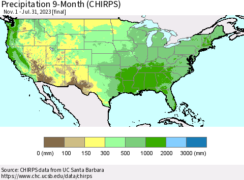 United States Precipitation 9-Month (CHIRPS) Thematic Map For 11/1/2022 - 7/31/2023