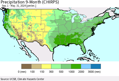 United States Precipitation 9-Month (CHIRPS) Thematic Map For 9/1/2023 - 5/31/2024