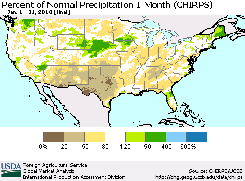 United States Percent of Normal Precipitation 1-Month (CHIRPS) Thematic Map For 1/1/2018 - 1/31/2018