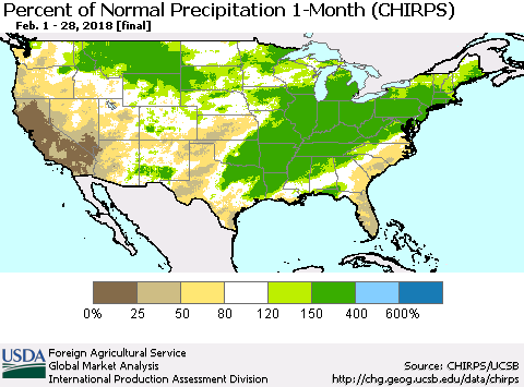 United States Percent of Normal Precipitation 1-Month (CHIRPS) Thematic Map For 2/1/2018 - 2/28/2018