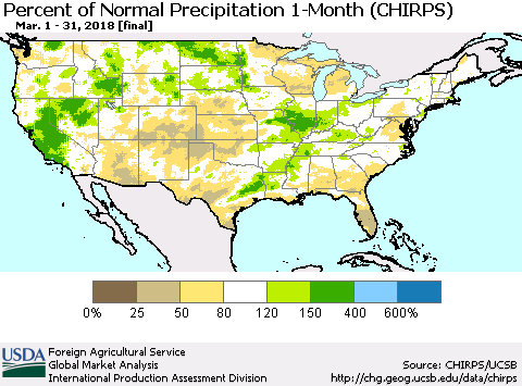 United States Percent of Normal Precipitation 1-Month (CHIRPS) Thematic Map For 3/1/2018 - 3/31/2018