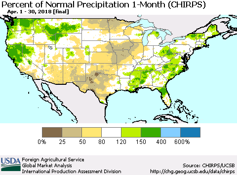 United States Percent of Normal Precipitation 1-Month (CHIRPS) Thematic Map For 4/1/2018 - 4/30/2018