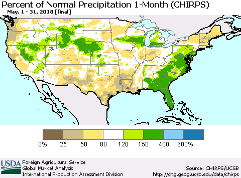 United States Percent of Normal Precipitation 1-Month (CHIRPS) Thematic Map For 5/1/2018 - 5/31/2018