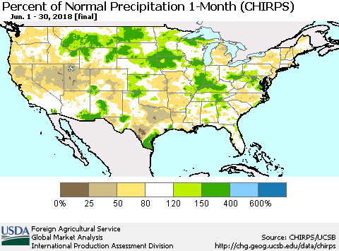 United States Percent of Normal Precipitation 1-Month (CHIRPS) Thematic Map For 6/1/2018 - 6/30/2018