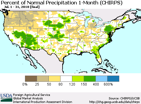 United States Percent of Normal Precipitation 1-Month (CHIRPS) Thematic Map For 7/1/2018 - 7/31/2018