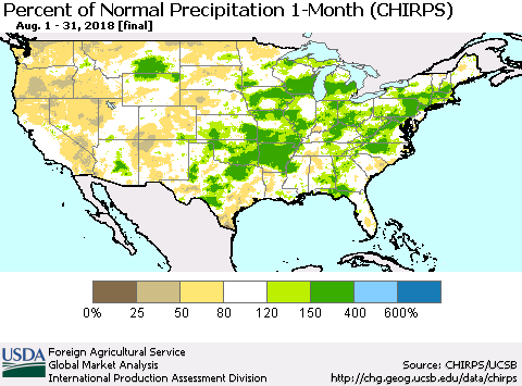United States Percent of Normal Precipitation 1-Month (CHIRPS) Thematic Map For 8/1/2018 - 8/31/2018