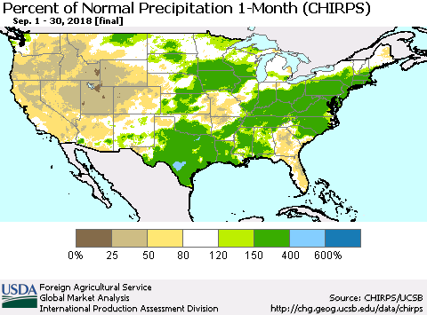 United States Percent of Normal Precipitation 1-Month (CHIRPS) Thematic Map For 9/1/2018 - 9/30/2018